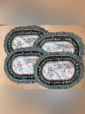 Vintage Cotton Quilt Fabric Christmas Placemat Geese Wamsutta Green Lot Of 4